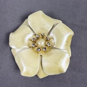 Vintage Enamel Flower Brooch Pearl Yellow Rhinestone Mid Century Large Pin